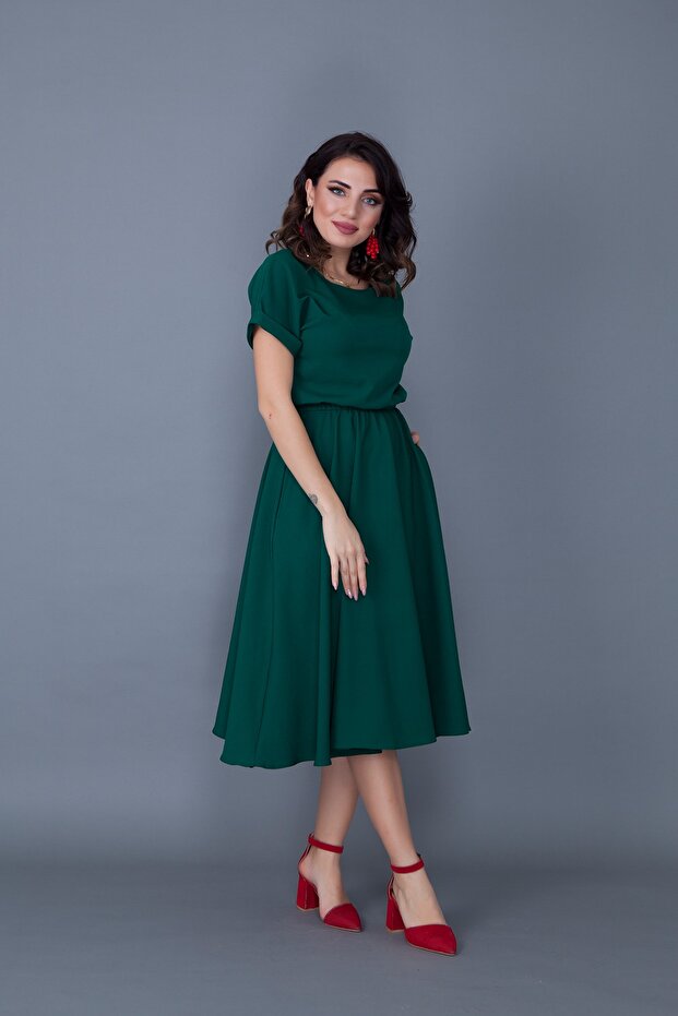 Dámské smaragdové šaty s elastickým pasem do kapsy s netopýřím rukávem midi délky - 2