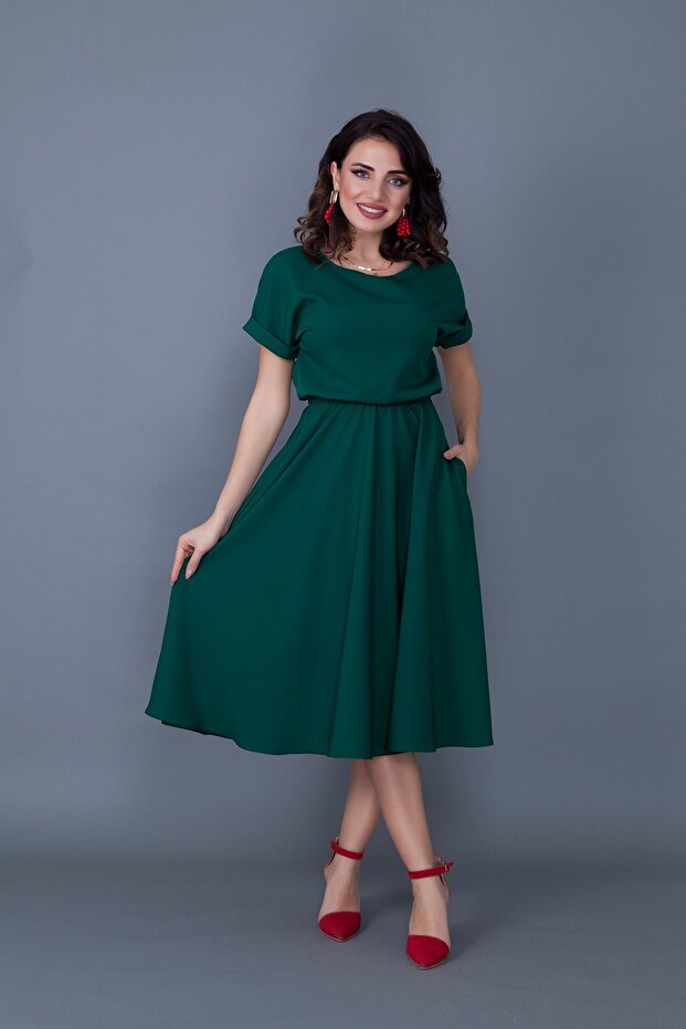 Dámské smaragdové šaty s elastickým pasem do kapsy s netopýřím rukávem midi délky - 4