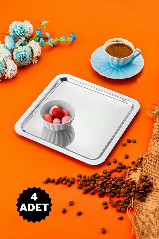 Set of 4 Luxury Square Stainless Steel Coffee Tea Catering and Presentation Tray Silver Color 21x21cm