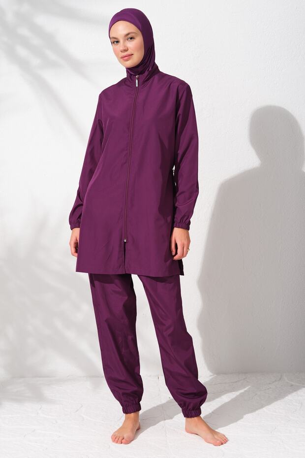 Long Sleeve Zippered Parachute Hijab Swimsuit Purple 231915