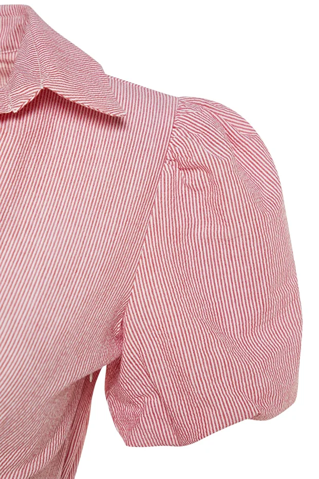 Rosa gestreiftes Midi-Gewebekleid mit zweireihigem Kragen TWOSS23EL02233 - 7