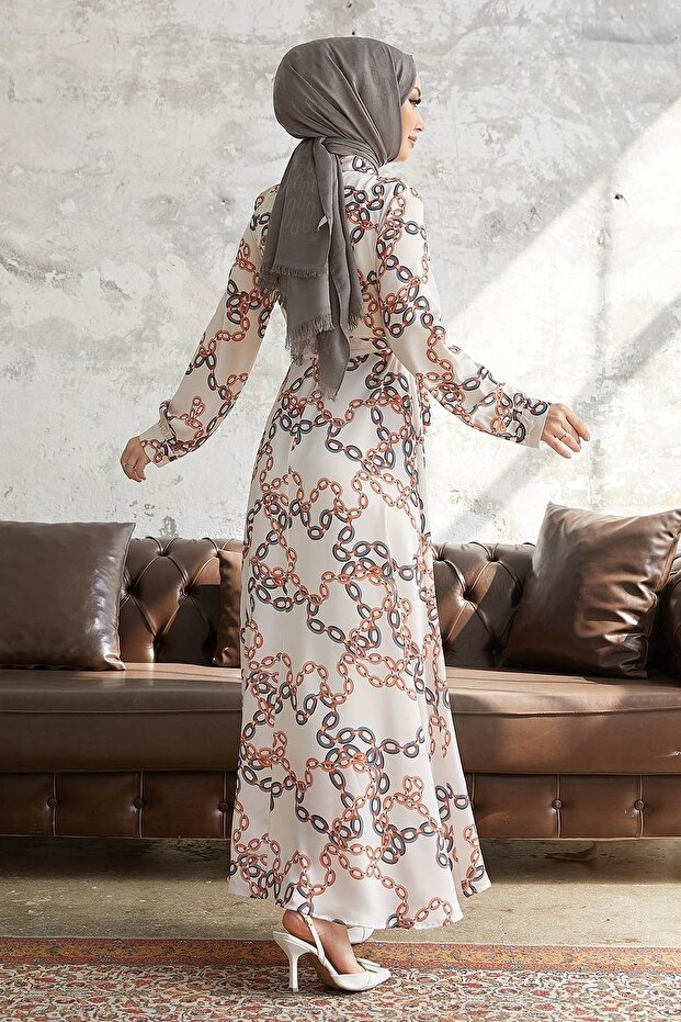 فستان ستان منقوش بحزام وسلسلة من روبي - رمادي - 5