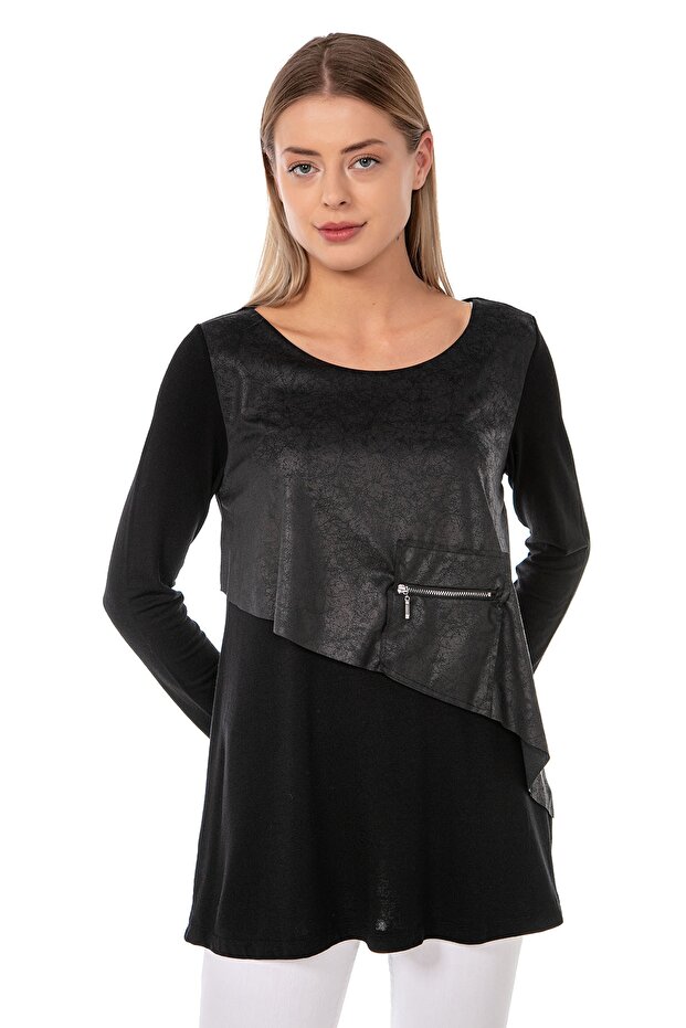 Women's Black Front Leather Detailed Crew Neck Blouse