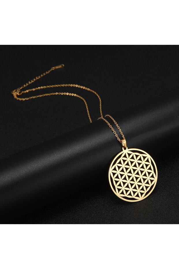 Flower of Life Geometry Pattern Stainless Steel Gold Necklace