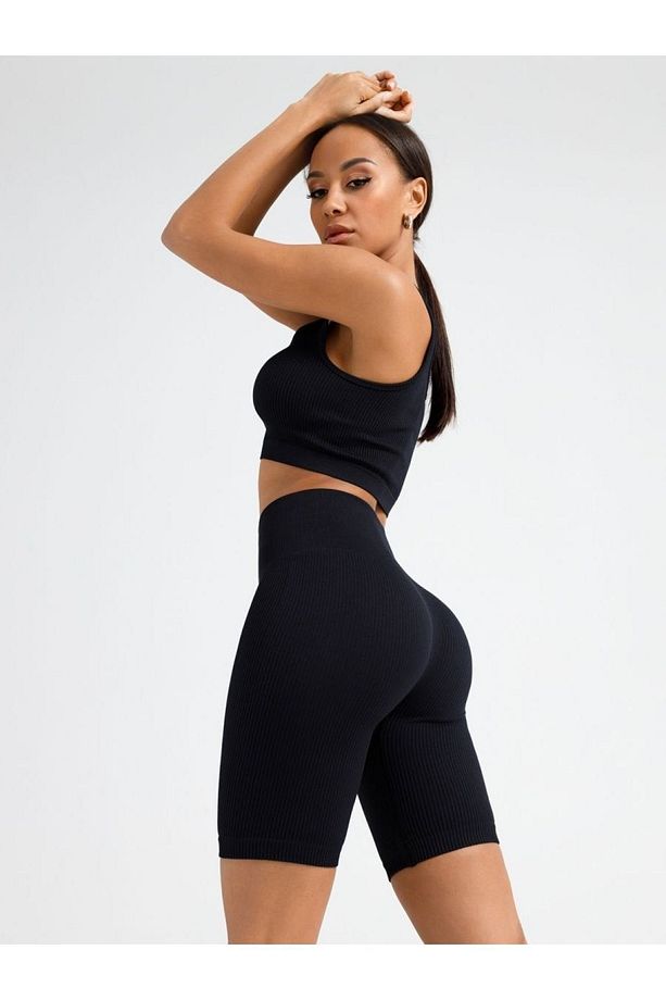 Dublin Model Fitilli Örme Şort Seamless Model Biker Şort Spor Şort Kısa Şort Siyah Renk - 1