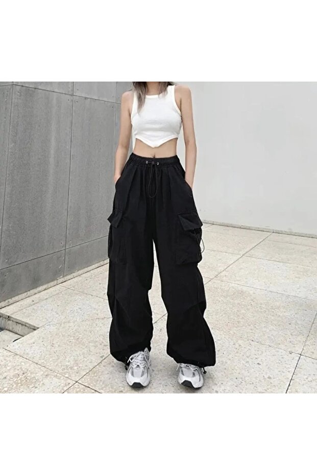Black Oversized Cargo Pocket Elastic Baggy -