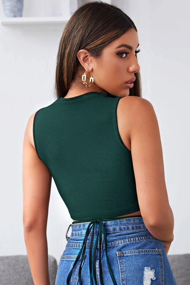 Kadın Yeşil Çapraz Bağlamalı Crop Top Bluz - 4