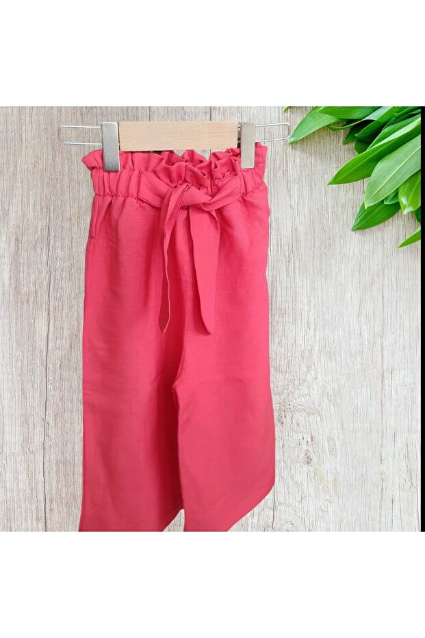 Girl's Wide Leg Linen Trousers with Ruffled Waist Elastic