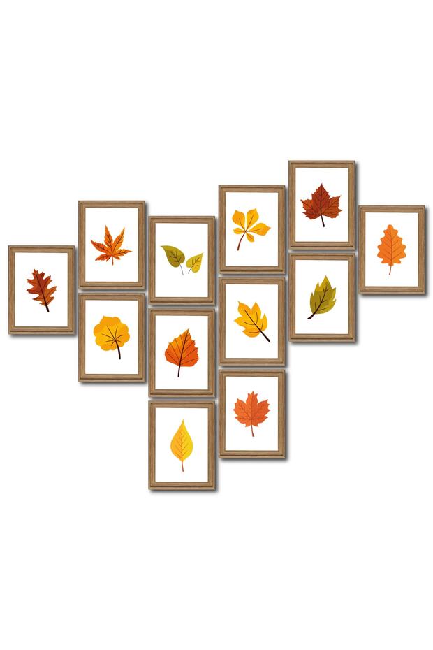 Leaf Sonbaharda Yapraklar 12 Li Ahşap Tablo Seti, Minimalist Tablo - 3