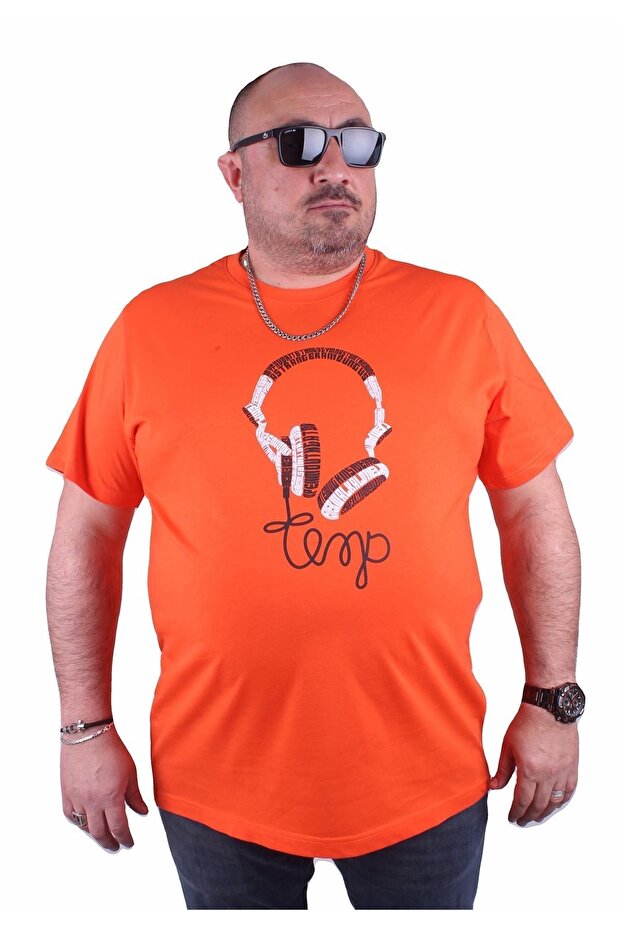 Big Size O-Neck T-Shirt Headphone 23172 Orange
