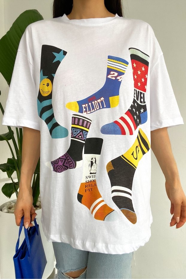 Women's White New Season Printed Design Oversize Cotton T-Shirt