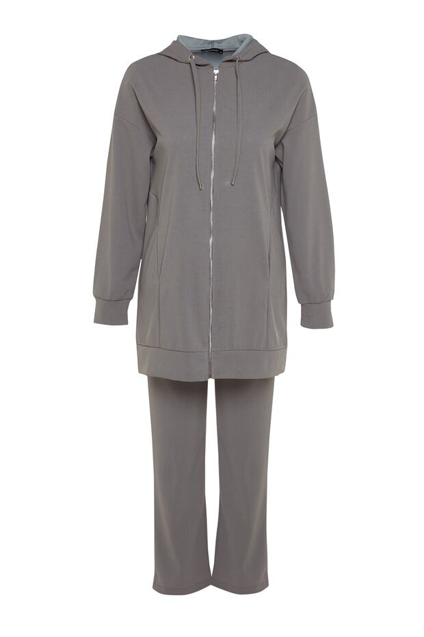 Oversize'owy szary kardigan z kapturem i spodnie dresowe - zapinane na suwak TCTSS21EM0091 - 6