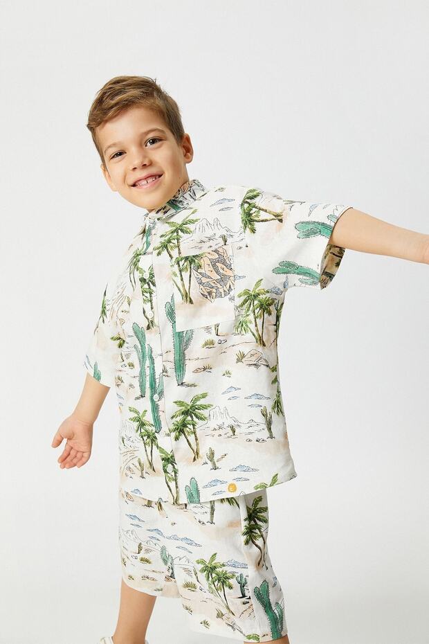 Boy's Short Sleeve Cactus Patterned Single Pocket Linen Shirt 3skb60088tw