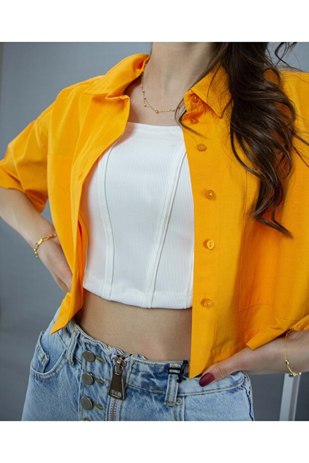 Çift Cepli Crop Gömlek - 4