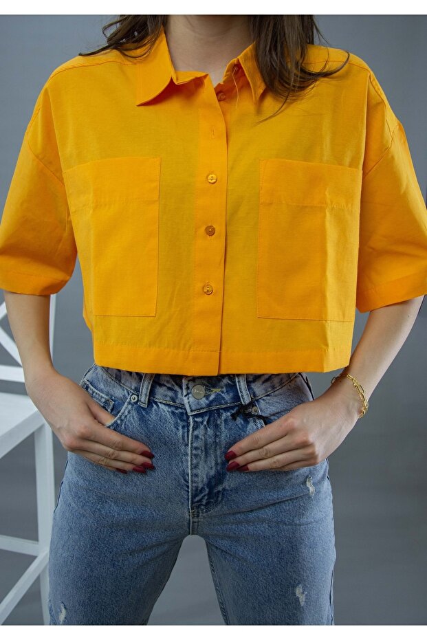 Çift Cepli Crop Gömlek - 6