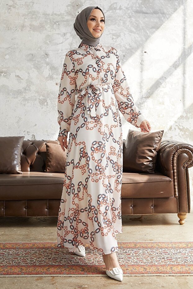 فستان ستان منقوش بحزام وسلسلة من روبي - رمادي - 1