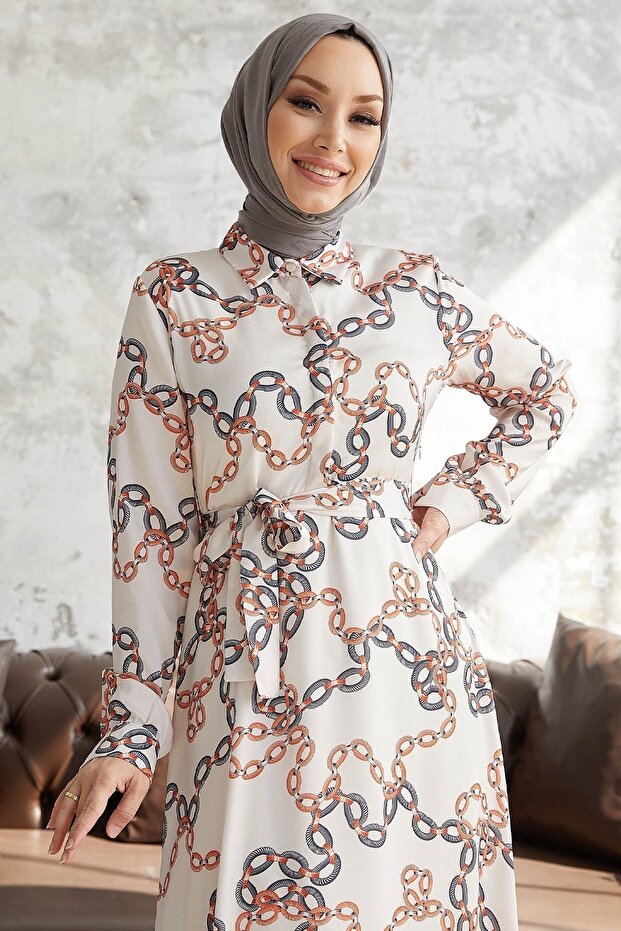 فستان ستان منقوش بحزام وسلسلة من روبي - رمادي - 2