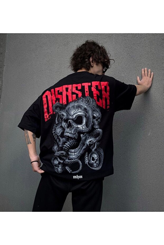 Disaster Printed Oversize Unisex Cotton Black T-shirt