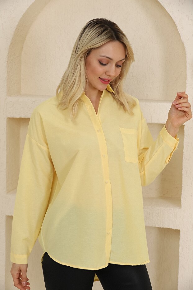 Oversize Uzun Basic Tek Cepli Gömlek - 5