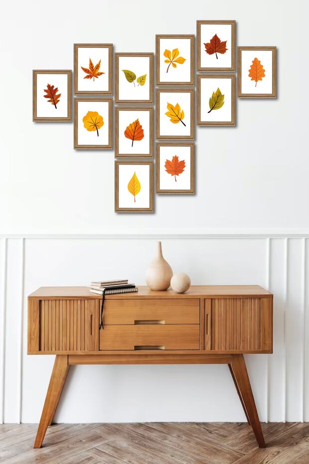 Leaf Sonbaharda Yapraklar 12 Li Ahşap Tablo Seti, Minimalist Tablo - 1