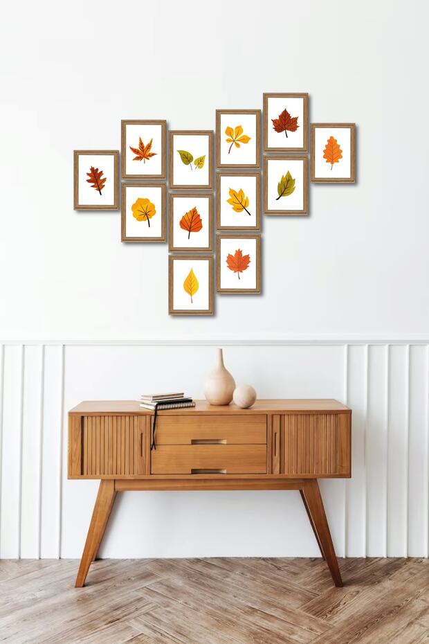 Leaf Sonbaharda Yapraklar 12 Li Ahşap Tablo Seti, Minimalist Tablo - 2