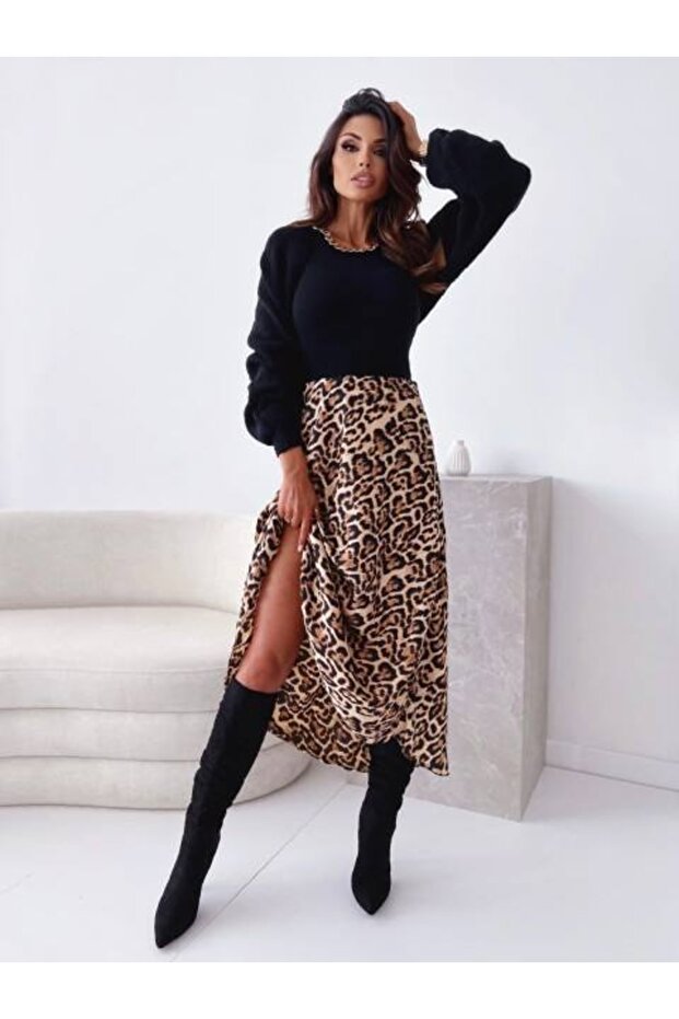 Fusta midi din microțesătură leopard de damă - 2