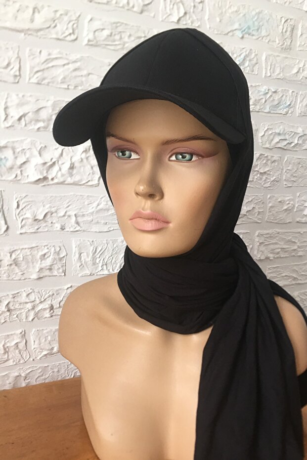 شال قطني ممشط عملي مع قبعة عمامة جاهزة باللون الأسود