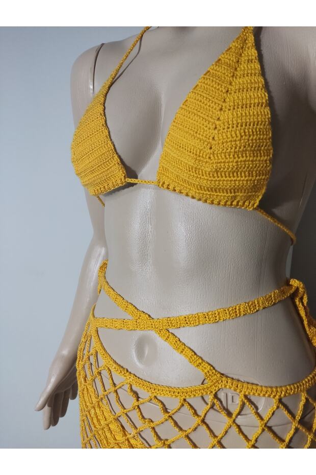 Kadın Örme Tasarım File Plaj Elbisesi Bikini Takımı Pareo - 1