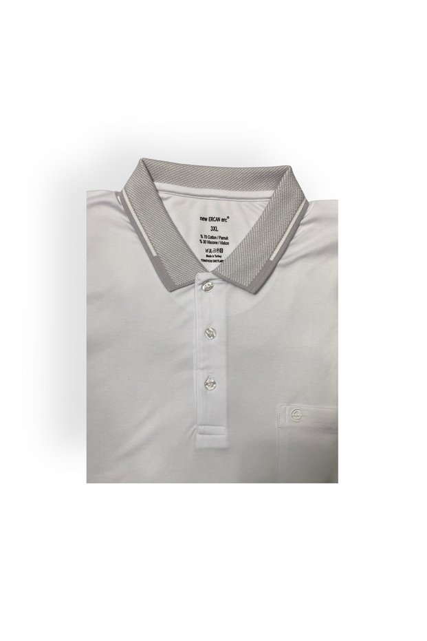 Ercan Men's Plus Size Polo Neck Short Sleeve White T-Shirt with Pockets 0170