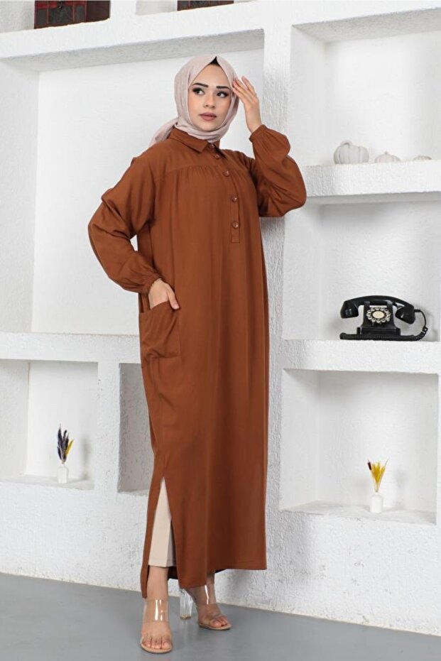 8222 تونيك كامل الطول باللون البني مع فتحة جانبية - 3