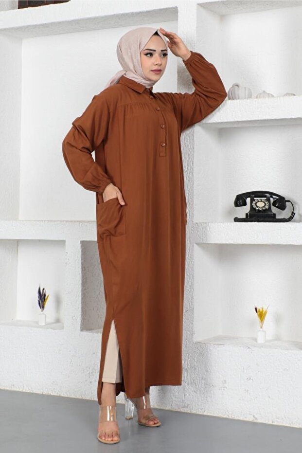 8222 تونيك كامل الطول باللون البني مع فتحة جانبية - 5