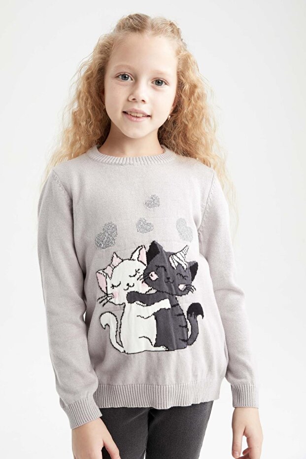 Kız Çocuk Regular Fit Bisiklet Yaka Triko Kazak - 1