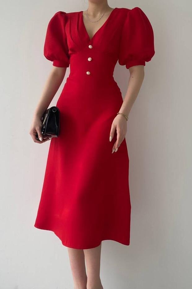 Women's Cotton Atlas Fabric Button Detailed V-Neck Short Balloon Sleeve Midi Length Bell Cut Red Dress 153