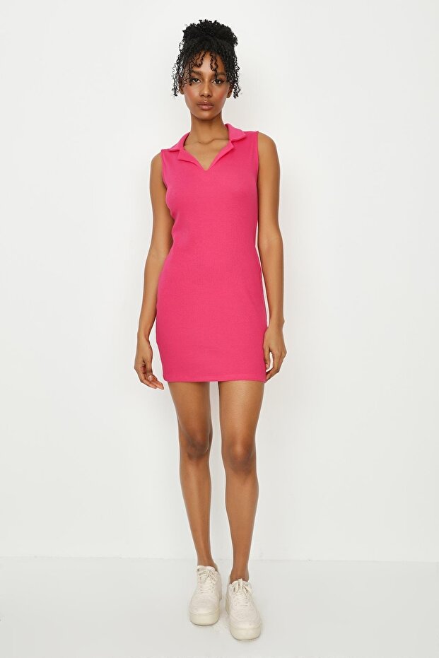 Kadın Pembe Yakalı Ribana Örme Elbise - 1