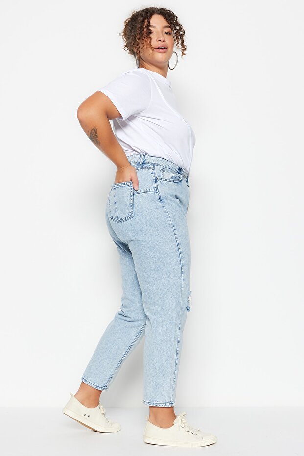 Jasnoniebieskie jeansy z detalami w stylu destroy, dopasowane do sylwetki, 100% bawełna, duże rozmiary TBBSS23CJ00019 - 7