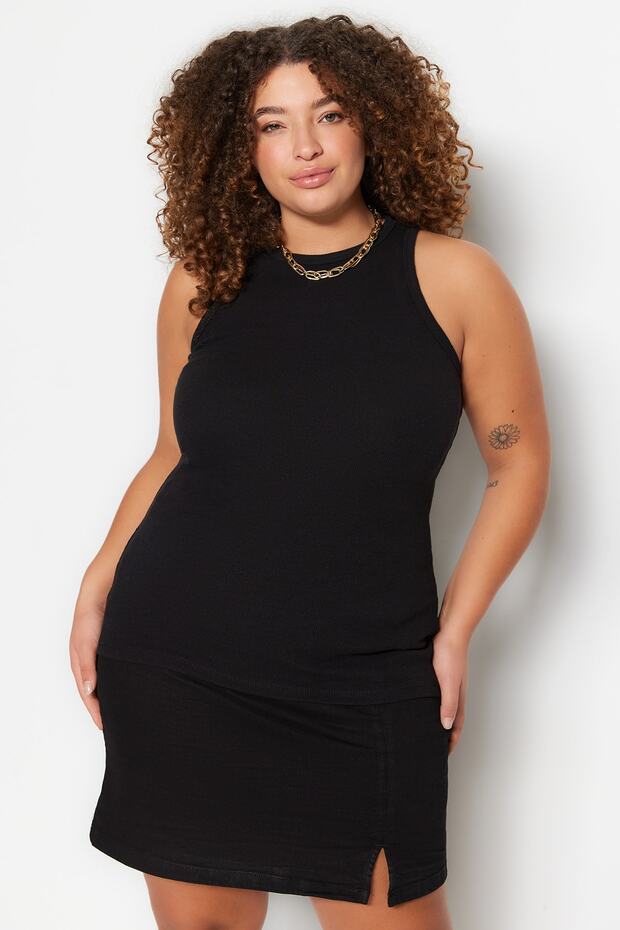 Siyah Halter Yaka Pamuklu Fitted/Vücuda Oturan Basic Örme Atlet TBBSS23CV00001 - 2