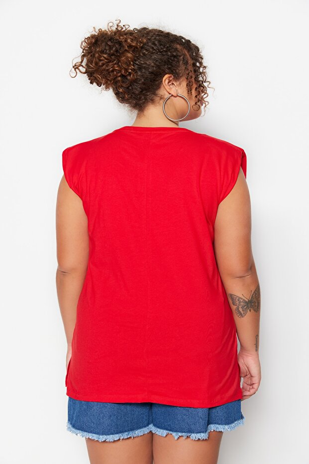 Piros Boyfriend Fit nyomott pamut póló - TBBSS23BF00038 - 6