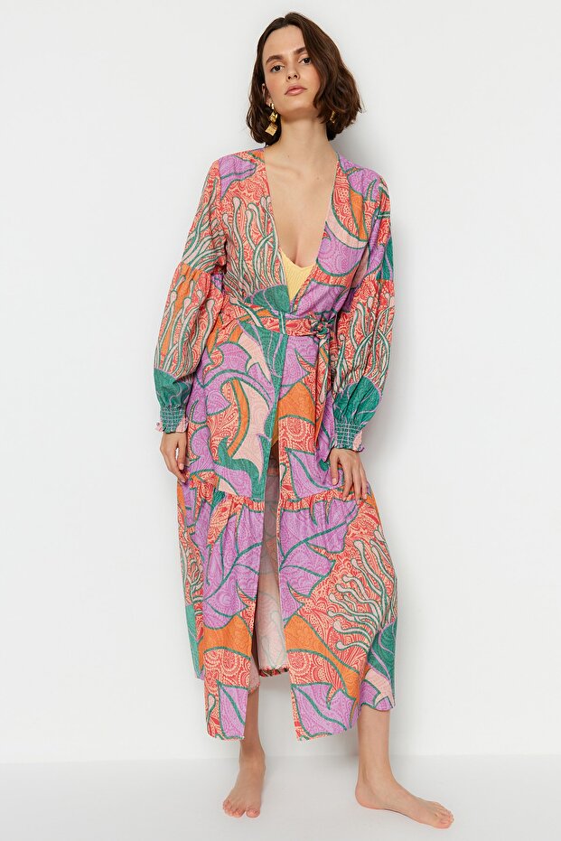 Tropikal Desenli Kuşaklı Maxi Dokuma Balon Kollu 100% Pamuk Plaj Kimono&Kaftan TBESS23KM00103 - 2