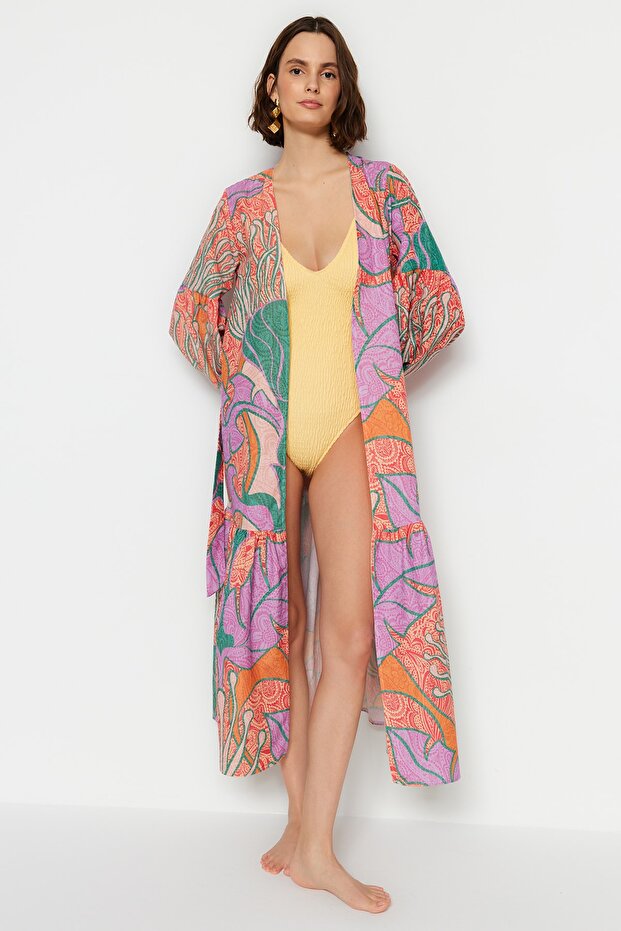 Tropikal Desenli Kuşaklı Maxi Dokuma Balon Kollu 100% Pamuk Plaj Kimono&Kaftan TBESS23KM00103 - 3