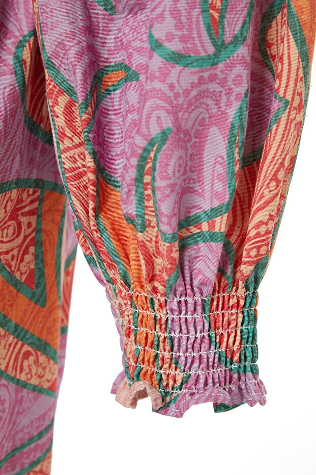 Tropikal Desenli Kuşaklı Maxi Dokuma Balon Kollu 100% Pamuk Plaj Kimono&Kaftan TBESS23KM00103 - 6