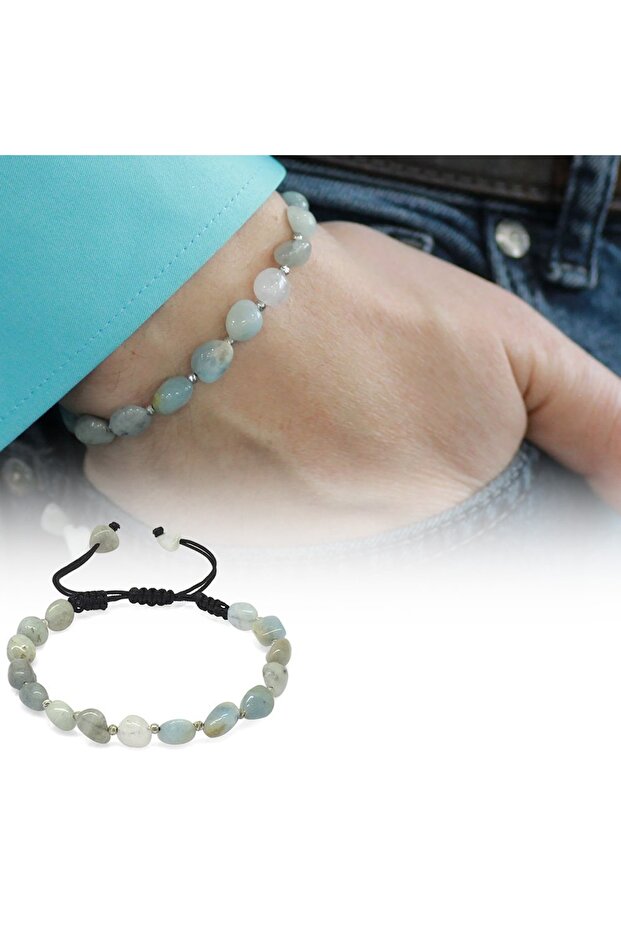Macrame Braided Natural Cut Aquamarine Natural Stone Men's Bracelet