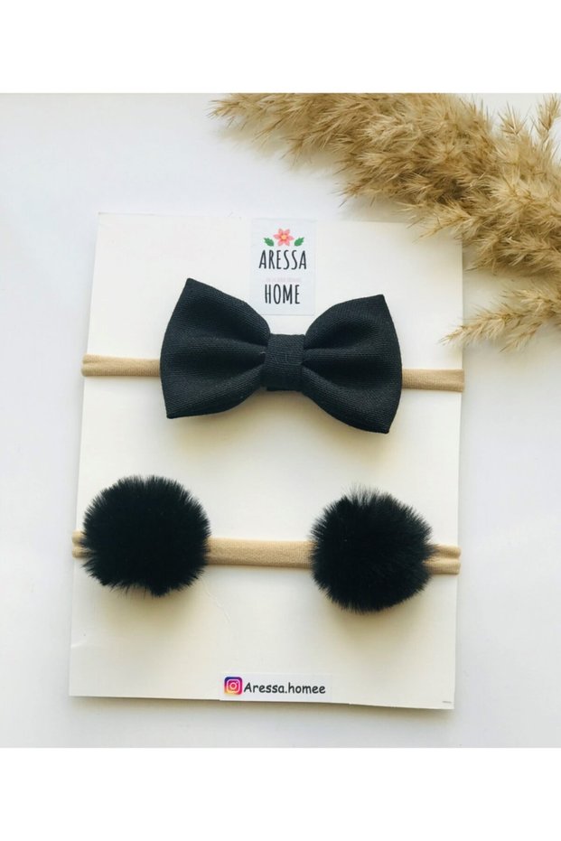 Baby Girl Black Cotton Bow Pompom Double Hair Band Set