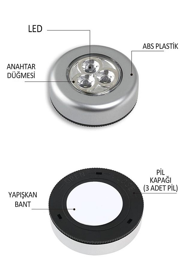 3 Adet Kablosuz Spot Pilli Dokunmatik Led Lamba 3 Ledli Dolap Lambası - 6
