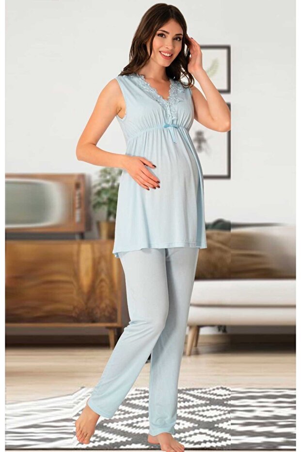 Cotton Comfortable Cut Maternity Pajama Set with Breastfeeding Feature Effortt - Blue