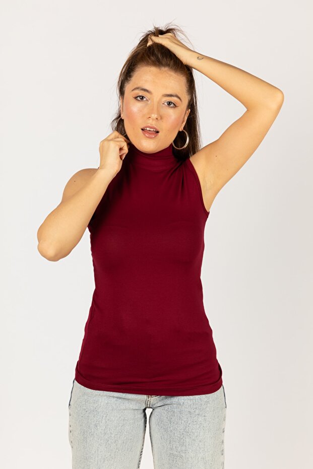Claret Red Turtleneck Lycra Women's Body - Zero Sleeve Combed Cotton