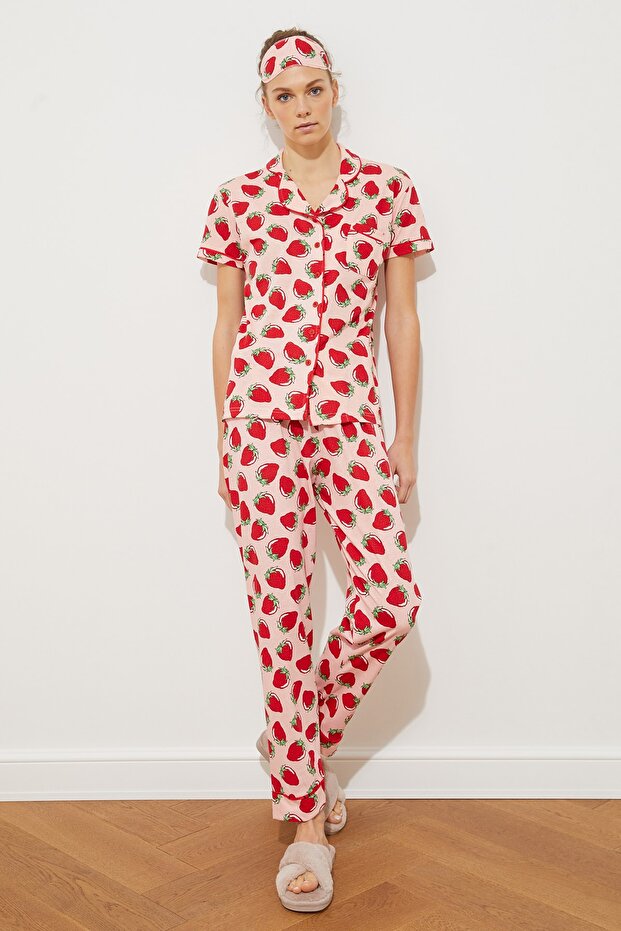 Pembe Çilek Desenli Biyeli Uyku Bantlı Örme Pijama Takımı THMSS21PT0784 - 2
