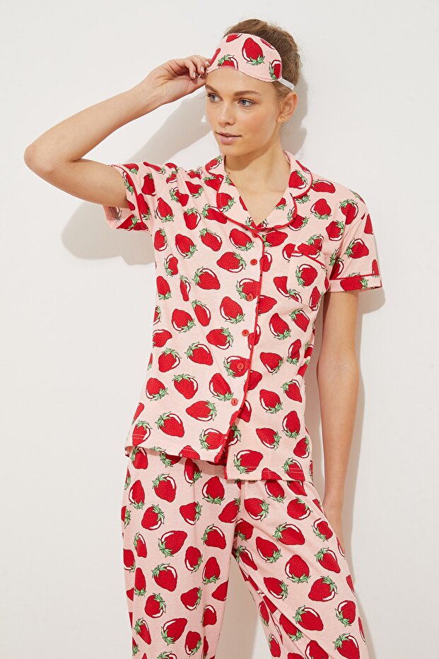 Pembe Çilek Desenli Biyeli Uyku Bantlı Örme Pijama Takımı THMSS21PT0784 - 3