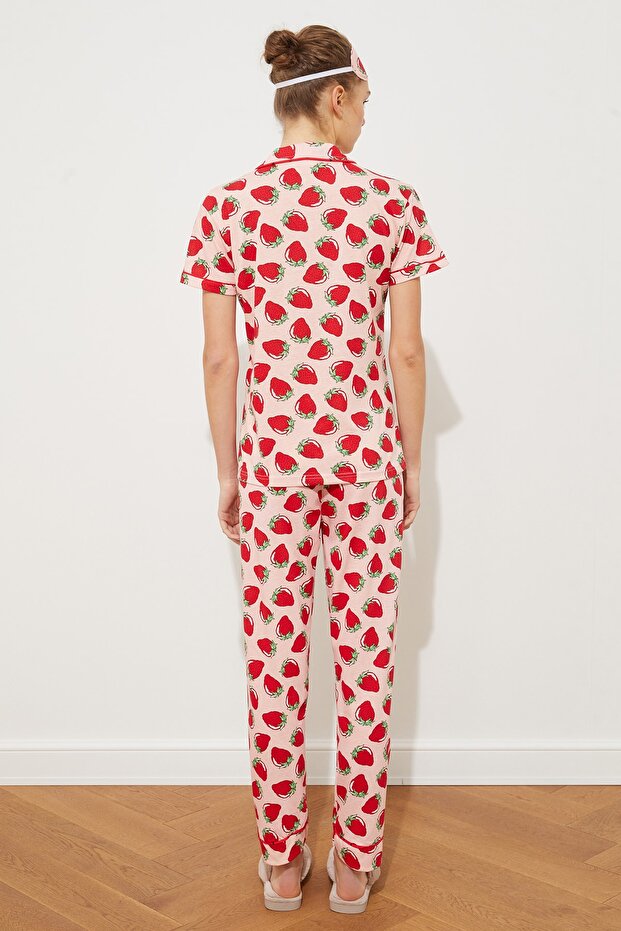 Pembe Çilek Desenli Biyeli Uyku Bantlı Örme Pijama Takımı THMSS21PT0784 - 4
