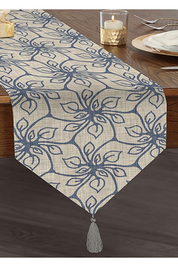 Chenille Triangle Runner with Geometric Floral Motif and Tassels on Gray Background