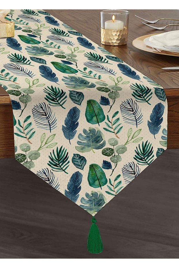 Decorative Tasseled Chenille Triangle Runner with Watercolor Leaves Design on Powder Floor